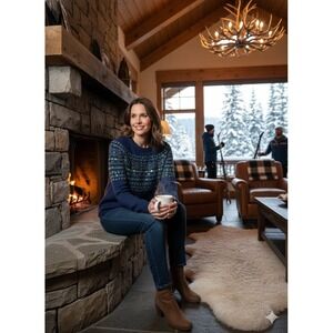 Talbots Petites Navy Fair Isle Embellished Lambs Wool Blend Sweater Petite Small